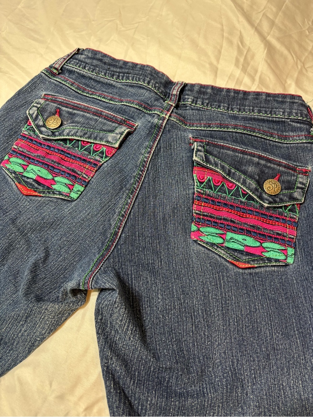 Vintage SouthPole Womens 11 Jeans 31x30 Embroidered SPS Flap Pockets Low Rise